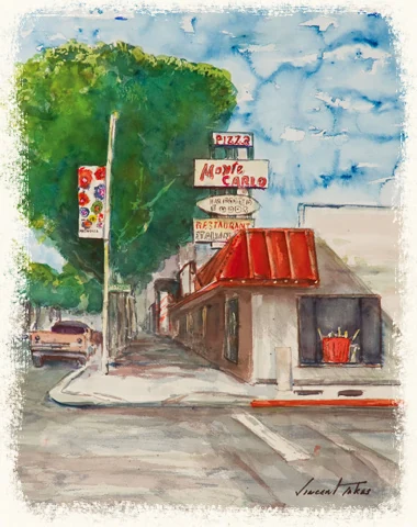 Watercolor painting of the Monte Carlo Deli and Pinocchio Restaurant storefront on Magnolia Blvd, Burbank